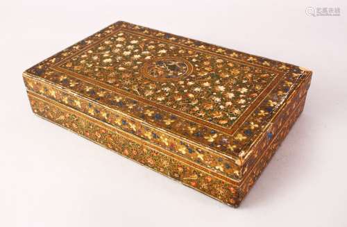 A GOOD 19TH CENTURY INDIAN KASHMIR WOODEN LIDDED BOX, the box decorated with a cartouche of birds