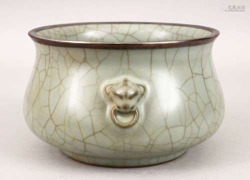 A LARGE CHINESE GUAN WARE CENSER WITH SILVER MOUNTED RIM, the censer with twin moulded mask