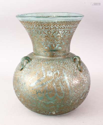 A LARGE 18TH /19TH CENTURY GLASS AND GILDED CALLIGRAPHY MOSQUE LAMP, decorated with gilt and with