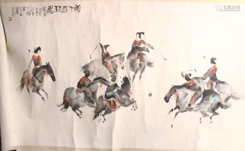 A GOOD 19TH / 20TH CENTURY CHINESE IMPRESSIONIST PAINTING OF A GAME OF POLO, the picture depicting a