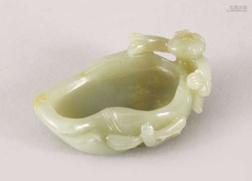 A GOOD 19TH / 20TH CENTURY CHINESE CARVED CELADON JADE BRUSH WASHER - LOTUS AND BOY, the brush
