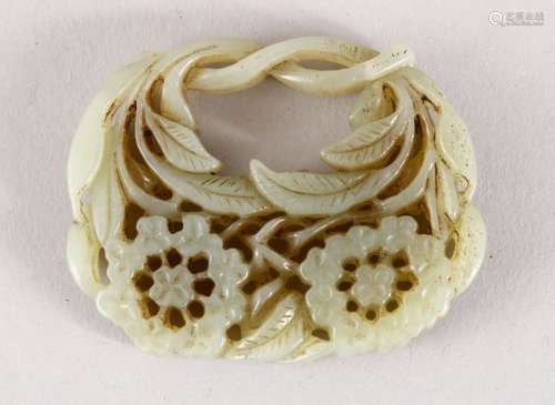 A GOOD 19TH / 20TH CENTURY CHINESE CARVED JADE PENDANT - BASKET OF FLORA, 6cm.