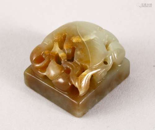 A GOOD 19TH / 20TH CENTURY CHINESE CARVED JADE SEAL WITH FRUTING, the seal carved with calligraphy