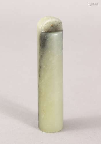 A GOOD 19TH / 20TH CENTURY CHINESE CARVED JADE CYLINDRICAL PENDANT, 8.5cm long