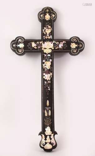 A GOOD 19TH CENTURY CHINESE HARDWOOD & MOTHER OF PEARL INLAID CRUCIFIX, 46CM HIGH X 24CM .