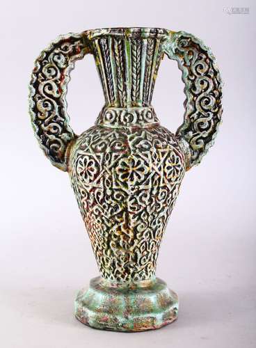 A 19TH CENTURY ISLAMIC SPANISH ALHAMBRA POTTERY VASE, with moulded floral motif decoration and