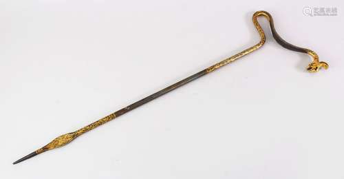 A FINE QUALITY TURKISH OTTOMAN GOLD INLAID IRON DERVIS STICK ( MUTTEKA ), the mutteka decorated with