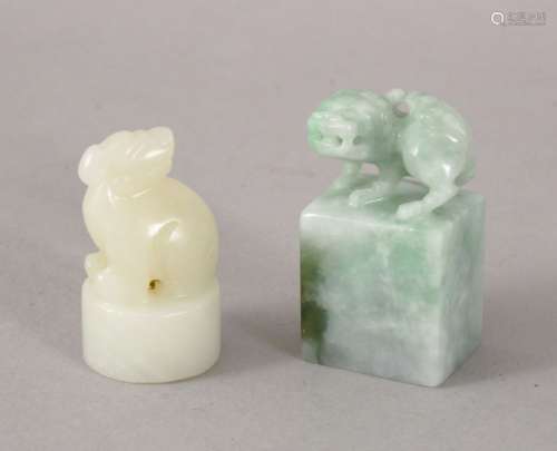 TWO 19TH / 20TH CENTURY CHINESE CARVED JADE / JADEITE SEALS, one white jade depicting a kylin, the