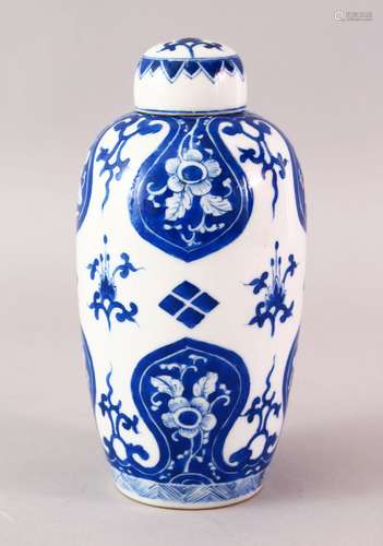 A FINE CHINESE KANGXI STYLE BLUE & WHITE PORCELAIN TEA CADDY & COVER, with panels of flora, the base