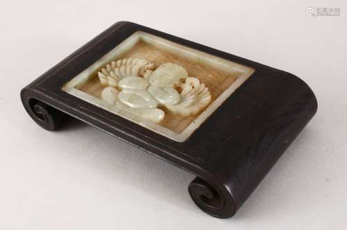 A GOOD 19TH / 20TH CENTURY CHINESE CARVED JADE & HARDWOOD MINIATURE OPIUM TABLE, the scrolling end