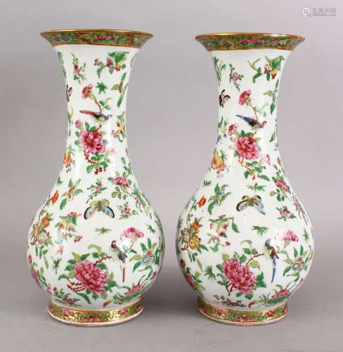 A GOOD PAIR OF 18TH / 19TH CENTURY CHINESE CANTON FAMILLE ROSE PORCELAIN VASES, the vases