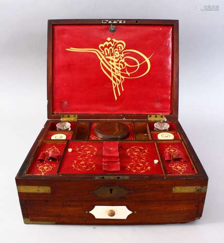 A GOOD ISLAMIC TURKISH BOXED BRASS BOUND CALLIGRAPHY SET WITH INLAID GOLD TOOLS, the brass bound box