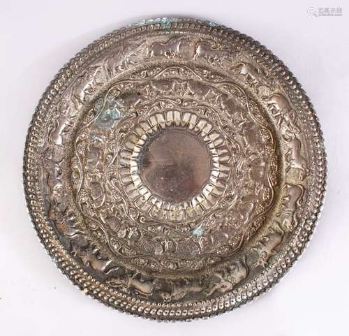 A 19TH CENTURY INDAIN SILVERED CHARGER / DISH, with embossed decoration, 25cm,