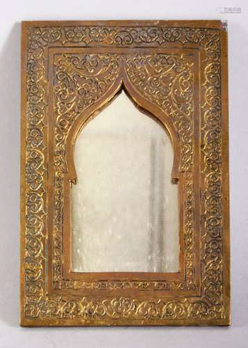 A GOOD 19TH CENTURY ISLAMIC MOROCCAN BRASS FRAMED MIRROR, 17cm x 11cm.