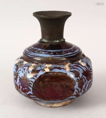 A GOOD 14TH CENTURY PERSIAN LUSTRE POTTERY JAR / VASE, the neck mounted with metal, with a blue