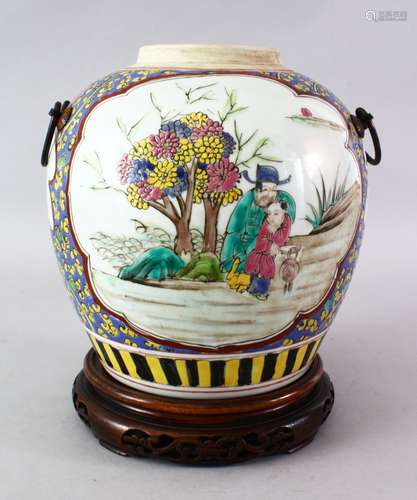 A 19TH CENTURY CHINESE FAMILLE ROSE PORCELAIN GINGER JAR & STAND, the body o the vase decorated with