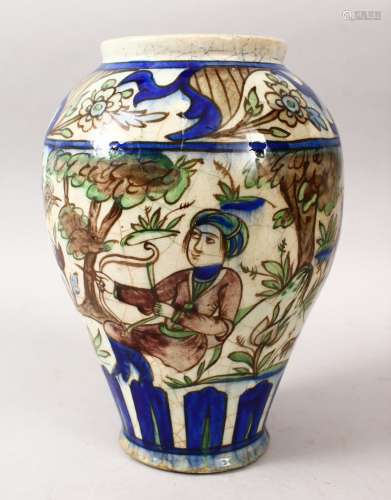 AN EARLY QAJAR POTTERY VASE / JAR, decorated with figures and animals in landscapes, 30cm high x