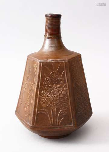 A GOOD JAPANESE MEIJI PERIOD HEXAGONAL STONEWARE SAKE FLASK, the body with panels of carved floral