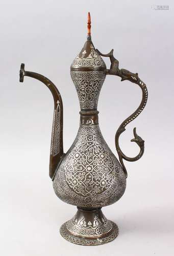 A LARGE FINE QUALITY 19TH CENTURY DAMASCUS MAMLUK REVIVAL CAIROWARE EWER, the ewer with silver inlay