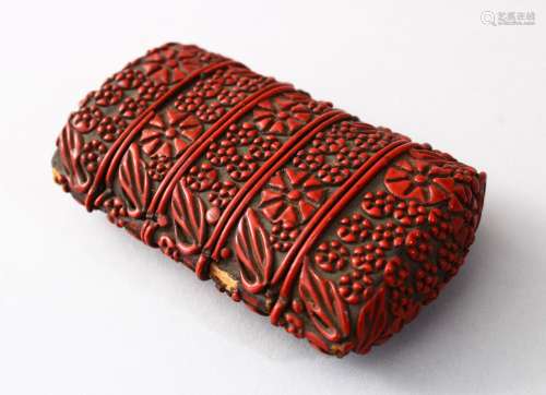 A GOOD JAPANESE MEIJI PERIOD FOUR CASE CINNABAR LACQUER INRO, the inro carved in floral style 8.