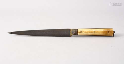 AN 18TH CENTURY PERSIAN GOLD INLAID WATERED STEEL DAGGER, With a bone or ivory handle, 29cm.