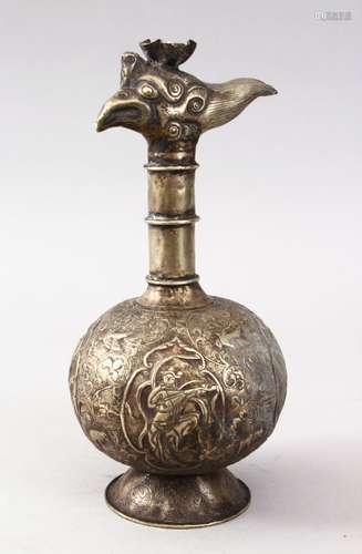 AN UNUSUAL POSS PERSIAN OR ASIAN WHITE METAL MYTHICAL BIRD HEAD JUG / VESSEL, the unusual jug with