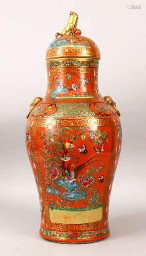 A GOOD 19TH CENTURY CHINESE CORAL RED GROUND FAMILLE ROSE PORCELAIN VASE, the orange ground