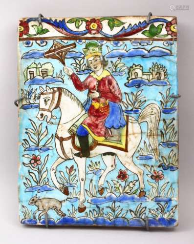 A GOOD 19TH CENTURY ISLAMIC PERSIAN QAJAR MOULDED POLYCHROMED POTTERY TILE, depicting a woman