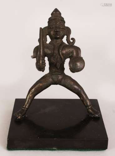 AN UNUSUAL 18TH/19TH CENTURY INDIAN BRONZE FIGURE OF VISHNU, together with a fixed slate stand,