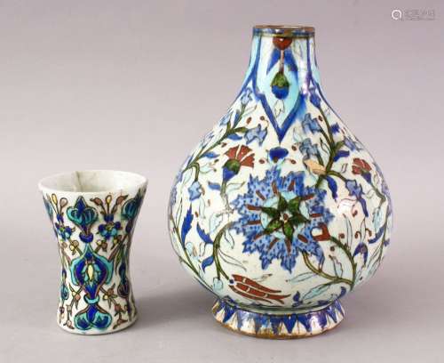 TWO GOOD IZNIK / PALESTINIAN POTTERY VASES, one small beaker / cup with floral decoration and a