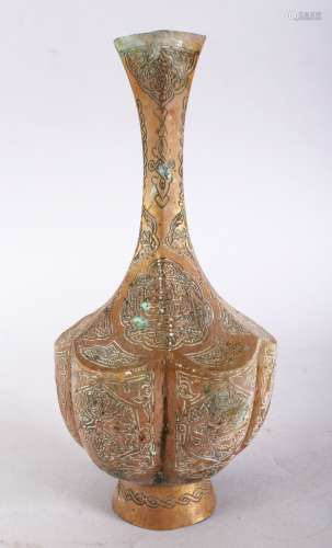 A 19TH CENTURY ISLAMIC SYRIAN BRONZE VASE, with panels of calligraphy and flora, 24cm.