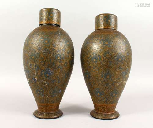 A GOOD PAIR OF 19TH CENTURY OR EARLIER ISLAMIC KASHMIR LACQUER DECORATED VASES & COVERS, the body of