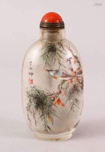 A GOOD CHINESE REVERSE PAINTED GLASS SNUFF BOTTLE, the bottle painted to depict scenes of birds