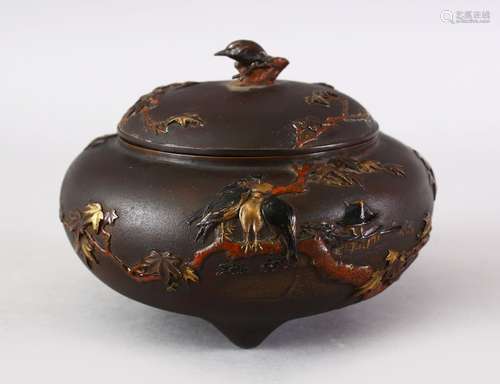 A GOOD JAPANESE MEIJI PERIOD BRONZE & MIXED METAL LIDDED KORO, the body of the koro decorated with