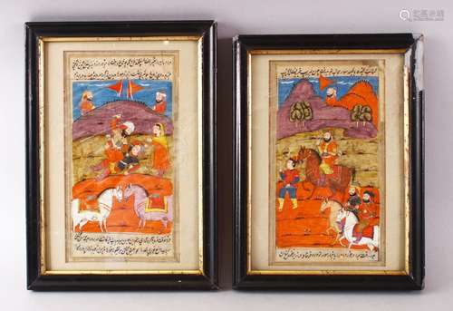 A PAIR OF 18TH CENTURY INDIAN MINIATURE PAINTINGS, both depicting figure with horses in