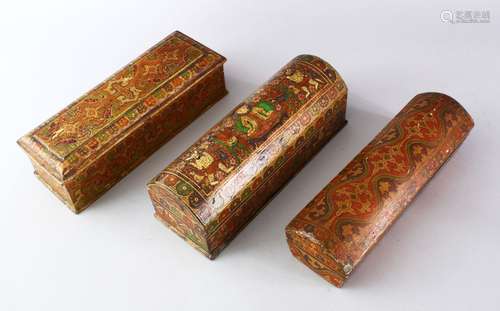 THREE FINE 19TH CENTURY INDIAN KASHMIRI LACQUERED PAPIER-MACHE PEN BOXES, each decorated with