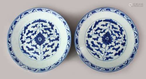 A PAIR OF JAPANESE MEIJI PERIOD BLUE & WHITE PORCELAIN PLATES, each decorated with scrolling