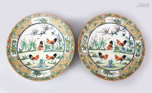 A GOOD PAIR OF 18TH / 19TH CENTURY FAMILLE ROSE PORCELAIN COCKEREL PLATES, the dishes decorated with