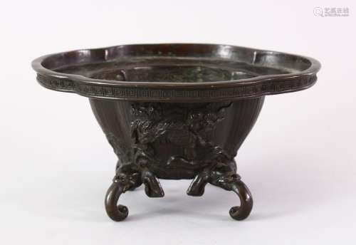 A JAPANESE MEIJI PERIOD QUATREFOIL BRONZE KORO / BOWL, the bowl on four elephant head feet, with