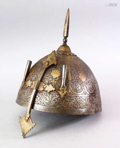 A 19TH CENTURY INDO PERSIAN GOLD & SILVER INLAID STEEL HELMET, decorated with carved formal floral