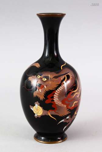 A GOOD JAPANESE MEIJI PERIOD CLOISONNE SILVER WIRE DRAGON VASE, the body of the vase with a deep