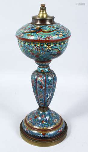 A GOOD 19TH CENTURY CHINESE CLOISONNE LAMP, the body of the lamp with silver wire decoration