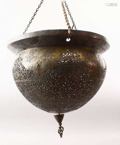 A GOOD 19TH CENTURY OR EARLIER ISLAMIC SILVER INLAID STEEL CALLIGRAPHIC HANGING LAMP, the hanging