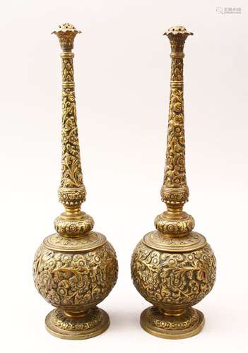 A PAIR OF INDIAN / ISLAMIC GILT BRONZE ROSE WATER SPRINKLERS, both vessels carved with floral