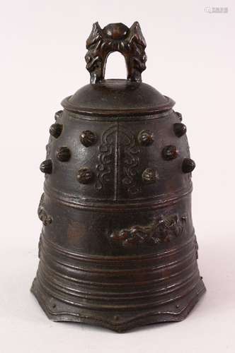 A GOOD 18TH / 19TH CENTURY CHINESE BRONZE CAST TEMPLE BELL, the bell with stud decoration an