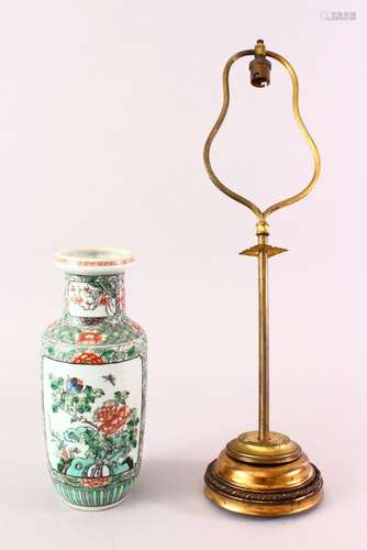 A CHINESE 19TH CENTURY FAMILLE VERTE PORCELAIN VASE / LAMP, decorated with an array of panels of