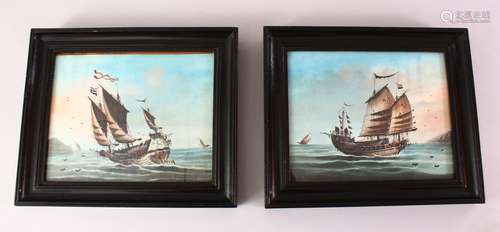 A GOOD PAIR OF 19TH CENTURY CHIENSE PAINTED GOUACHE PICTURES OF JUNKS BY THE COAST, both framed