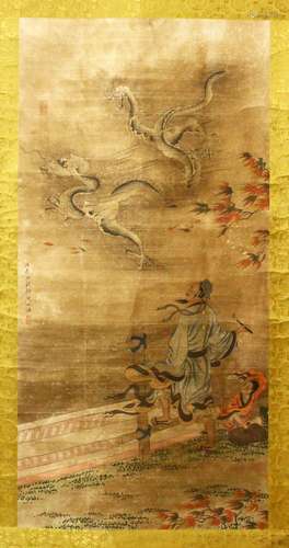 A GOOD CHINESE PAINTED SCROLL OF A FIGURE & DRAGON, the painting depicting two figures and dragon