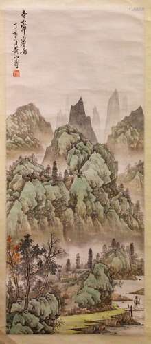 A GOOD CHINESE PAINTED SCROLL OF A LANDSCAPE, the painting depicting a native view of a landscape,