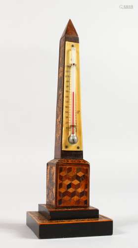 A TUNBRIDGE WARE MARQUETRY AND PARQUETRY THERMOMETER OBELISK, on a square base. 7.5ins high.